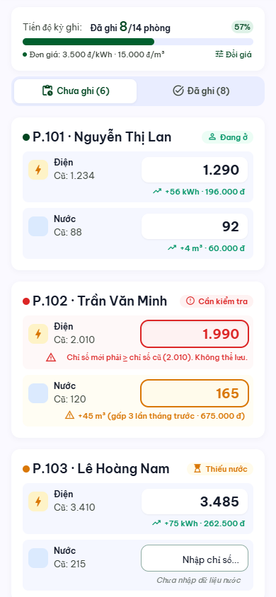 Màn hình ghi điện nước hàng loạt: tiến độ ghi, chỉ số cũ, chỉ số mới và cảnh báo